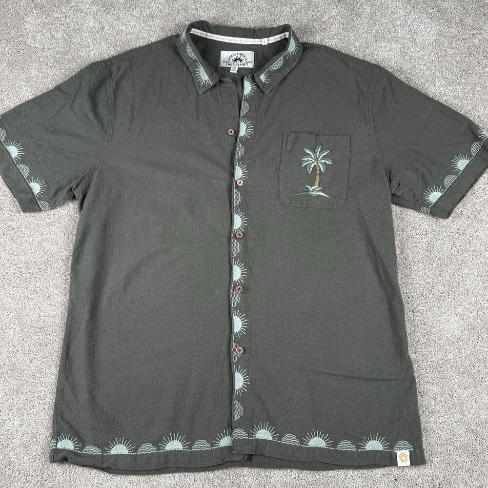 Free Planet Embroidered Camp Collar Retro Summer Floral Textured Cotton 2XL